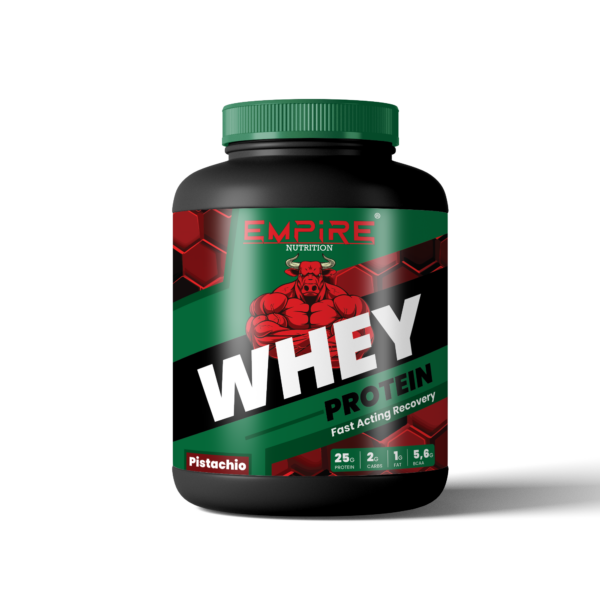 Empire® Nutrition 1kg pot van Premium Pistache Whey Eiwitpoeder met 90% puurheid en 25g eiwit per scoop, ideaal voor smaakvolle spierondersteuning